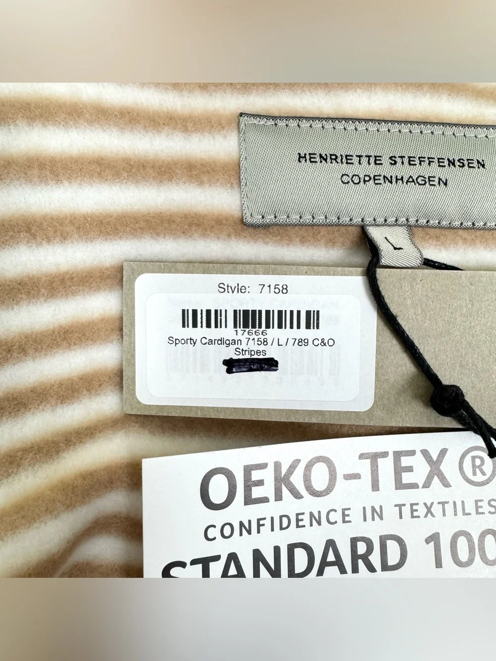 NWT Henriette Steffensen Sporty Fleece Hooded Cardigan Tan Beige Stripes Large - Picture 5 of 8